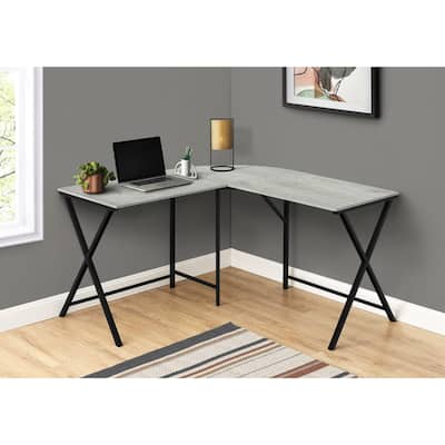 L-Shaped Computer Desk, 55" Grey Laminate, Black Metal, Corner Design, Modern Office