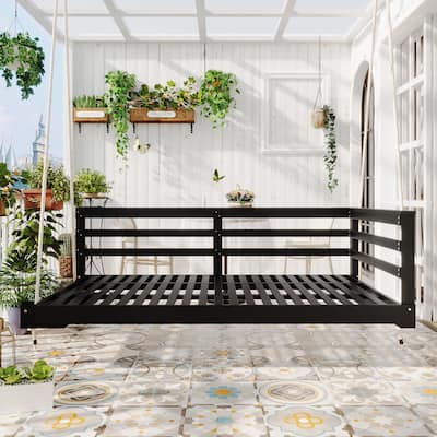 Country Patio Wooden Twin Size Swing Daybed Porch Swing Frame with 4pcs 96-inch Hemp Ropes for Backyard, Garden, Black