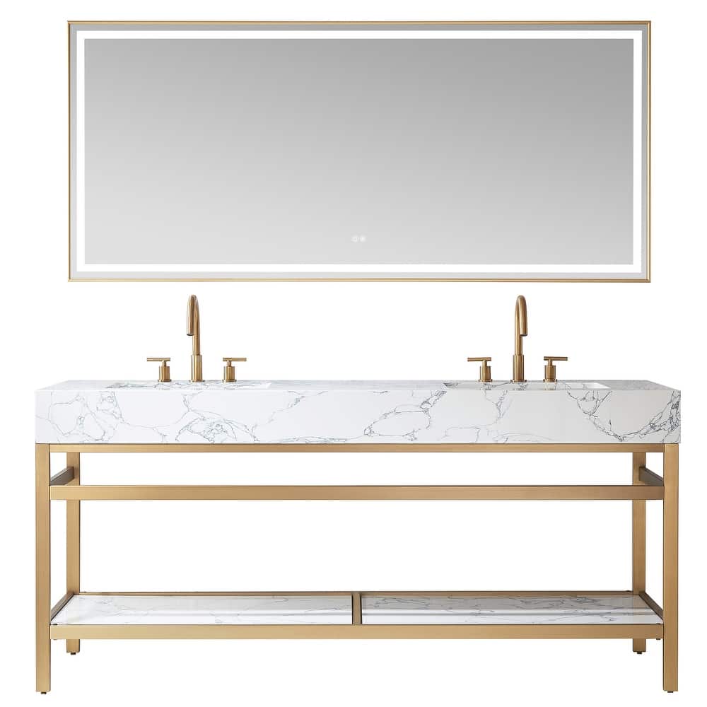 Ecija Bath Vanity, Metal Support with Composite Stone Top and Mirror