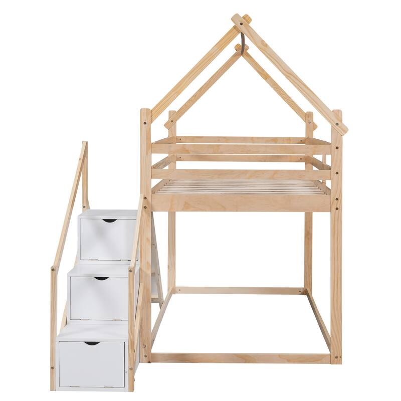 Twin over Twin House Loft or Bunk Bed with Slide, Staircase Storage, and Space-Saving Design, Made from Pine Wood and MDF