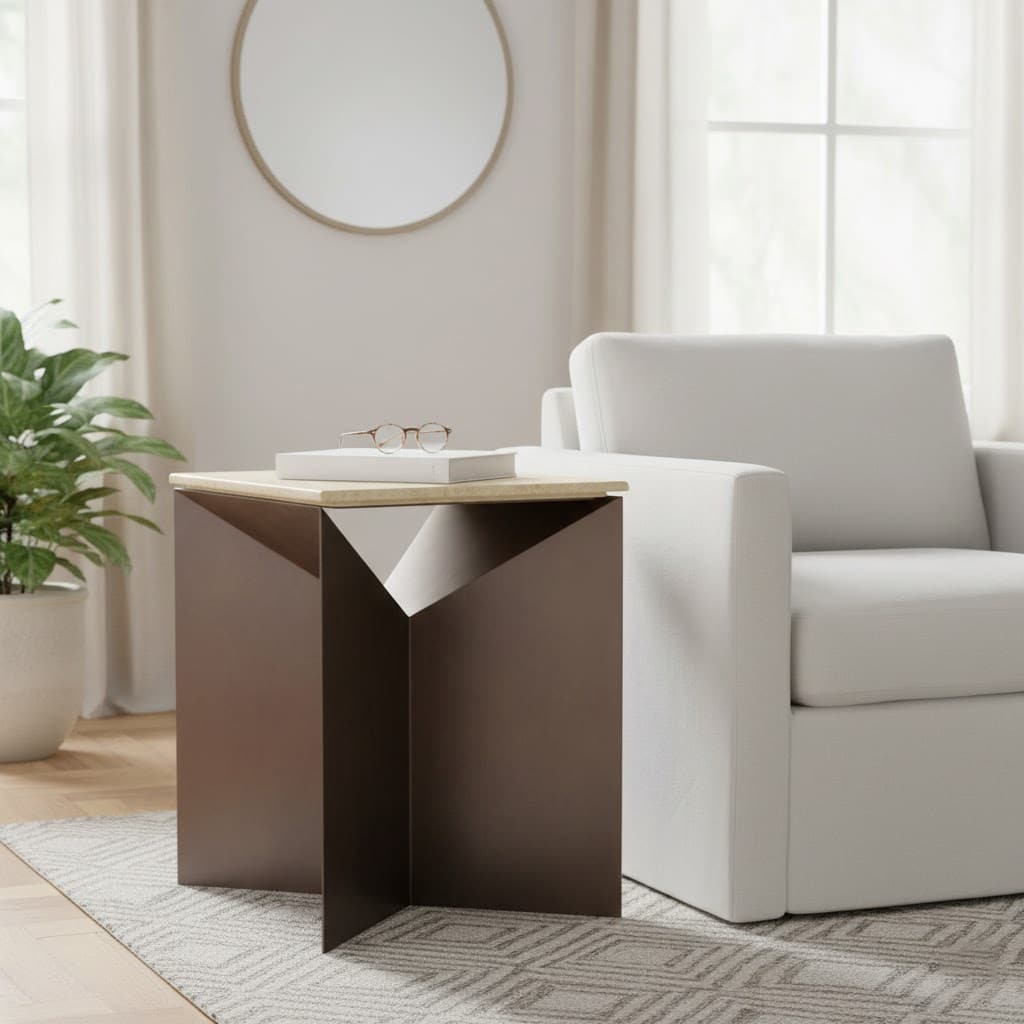 Metal Travertine EndTable Contemporary Sculptural Base - 25" Bronze - 24.75"