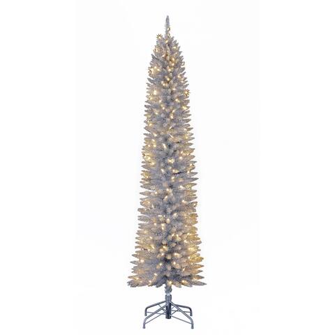 Home Heritage 7ft Prelit Artificial Pencil Christmas Tree w/ LED Lights, Silver
