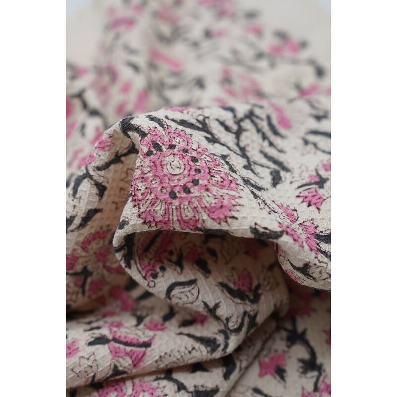 Fabdivine Hand Block Floral Print Waffle Weave Kitchen, Dining Room Use, Gift Hand Towel - Pushplata- Pink, Grey - Set of 2