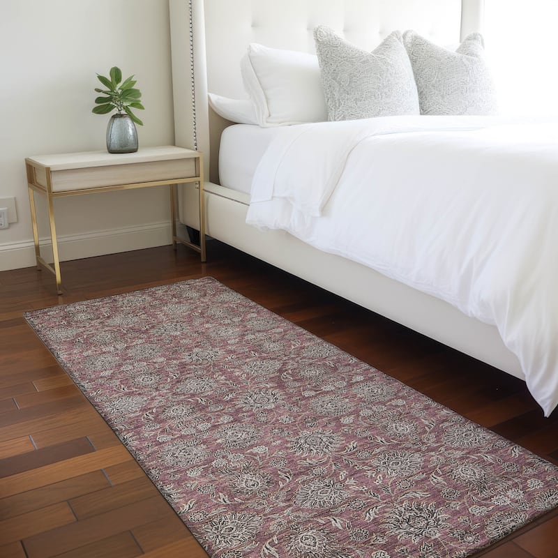 Machine Washable Indoor/ Outdoor Chantille Traditional Floral Rug - Merlot - 2'3" x 7'6"