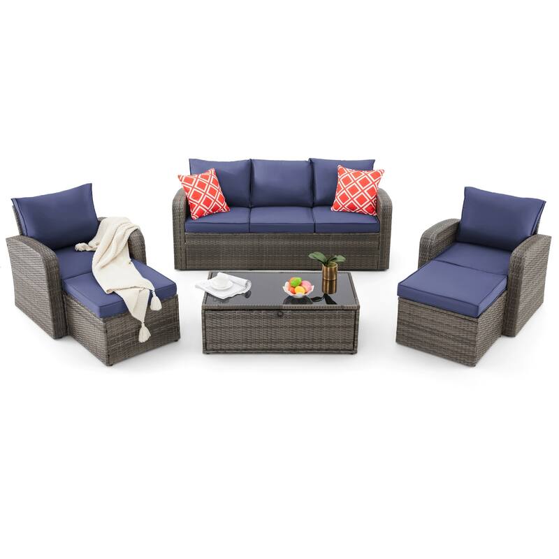 EROMMY 6/7 Piece Modular Outdoor Rattan Sofa Set, All-Weather Wicker Patio Furniture with Storage Table, Cushions & Pillows