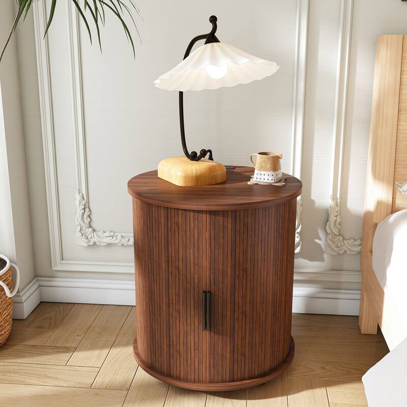 Roomfitters Round Nightstand with Charging Station, Mid Century Modern End Table with Sliding Door and USB, Walnut Finish - Walnut