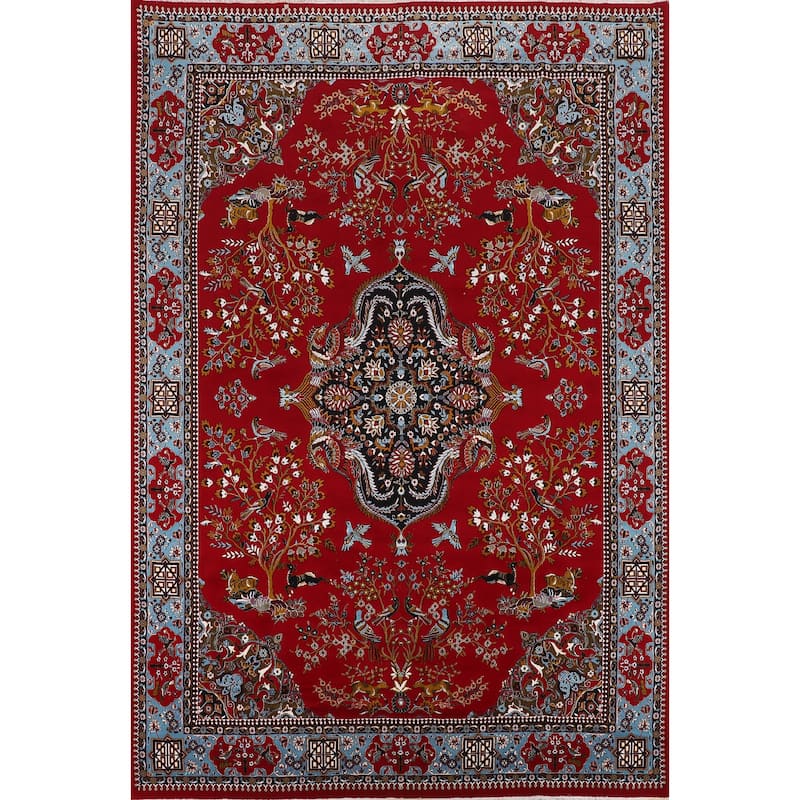 Animals Red Pictorial Kashan Turkish Area Rug Machine Made Carpet - 9'7" x 13'1"