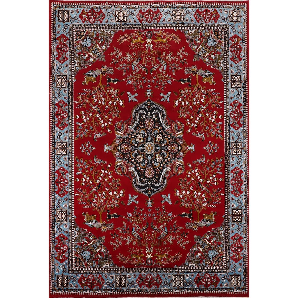 Animals Red Pictorial Kashan Turkish Area Rug Machine Made Carpet - 9'7" x 13'1"