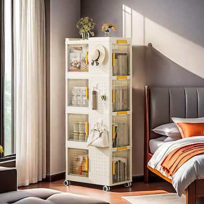 4-Tier Lockable Rolling Storage Cart with 8 Doors, Clear Drawer File Cabinet Storage Cabinet with Pegboard & Wheels