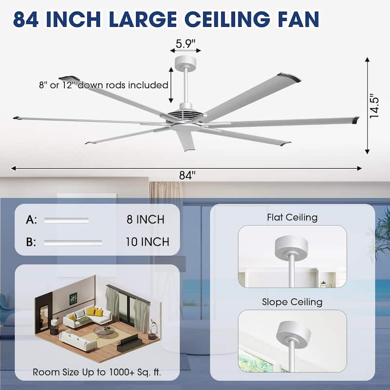Ceiling Fan Modern 84" Industrial 7-Blade Silver Metal