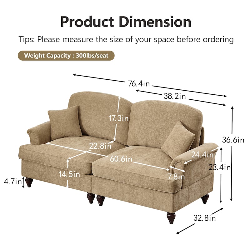 Mid-Century 2-Seat Sofa Couch with Flared Arms & Removable Ruffled Skirts, Retro Chenille Upholstered Loveseat for Living Room