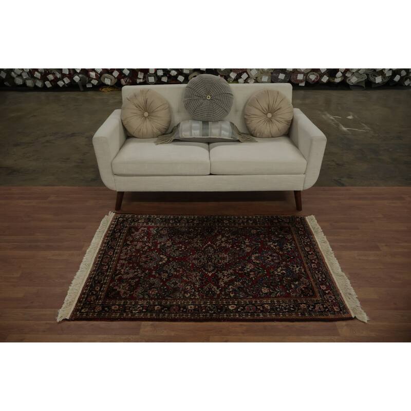 Hand Knotted Oriental 100% Wool Carpet Traditional Floral Red Sarouk Area Rug - 4' 11'' X 3' 4''