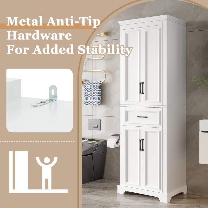 Modern Elegant White Tall Cabinet Freestanding Storage Cabinet for Bathroom with Adjustable Shelves and Damping Hinge Doors