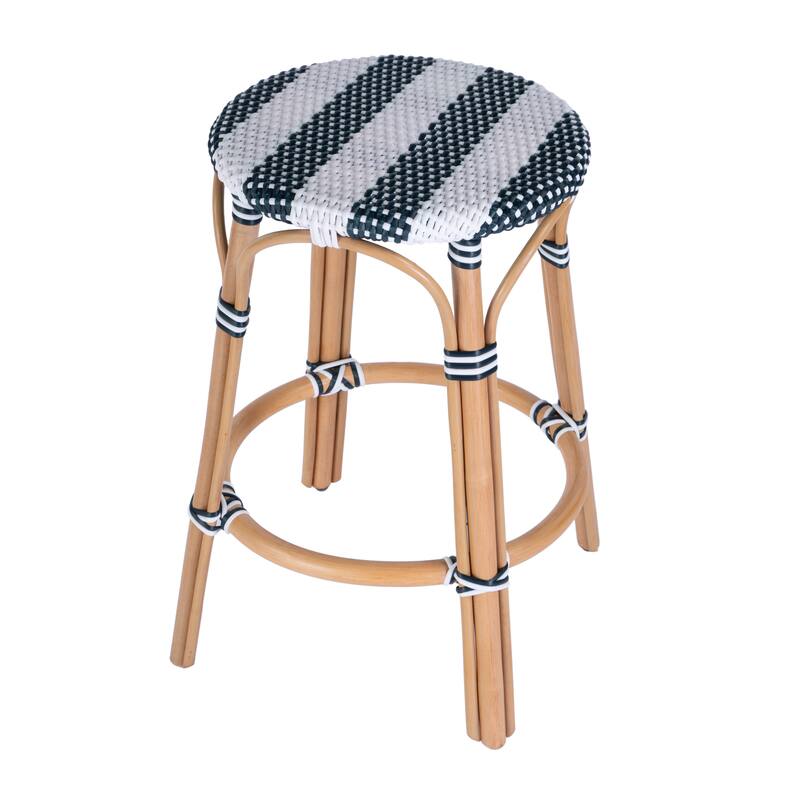 Tobias 24" Rattan Round Counter Stool - White/Navy Stripe/ Natural Rattan Frame