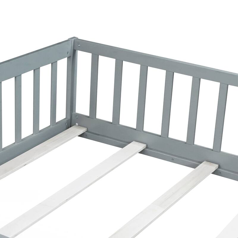 Full Size Floor Bed with Fence and Door,Rubber Wood Floor Bed with Safety Guardrails