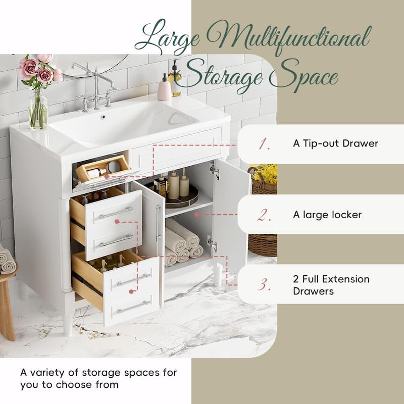 36" Freestanding Bathroom Vanity with Resin Sink and 3 Drawers