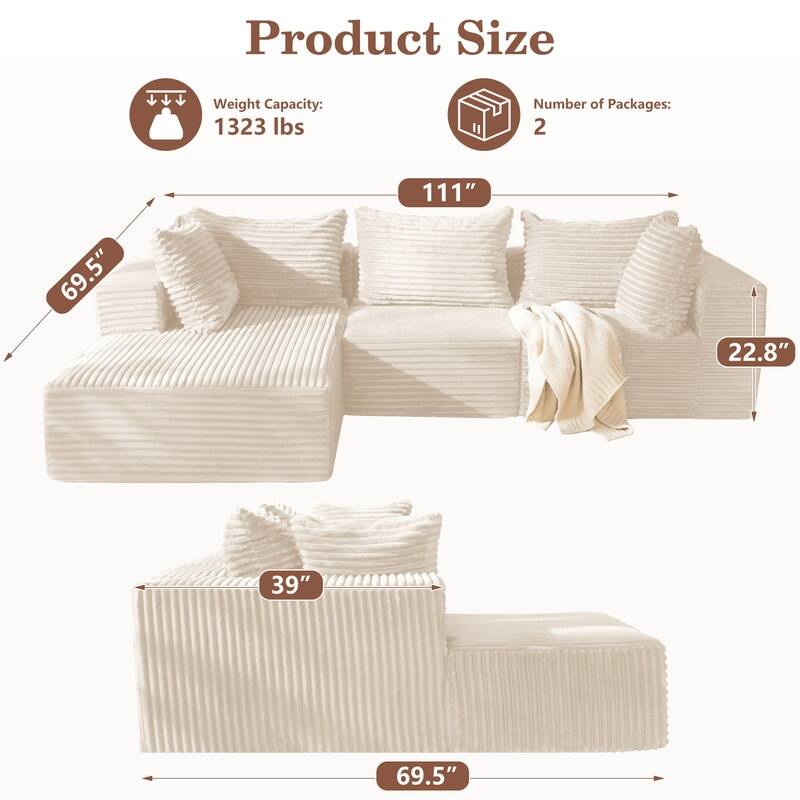 Modular Sectional Sofa L-Shape Couch with Chaise, Boneless L-Shaped Cloud Couch