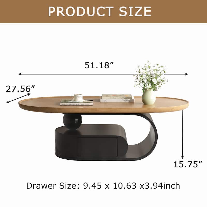 51.18" Mid Century Coffee Table, Oval Solid Wood Table with Drawer,Brown & Black