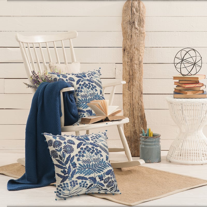 Sevita Dyna Bohemian Floral White/Navy Embroidered Throw Pillow