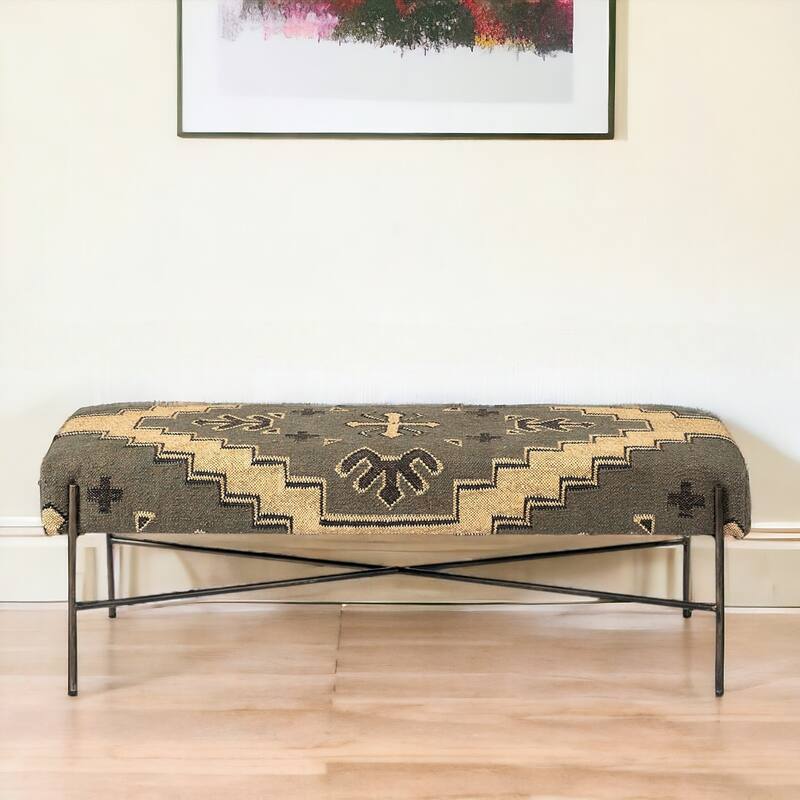 HomeRoots 55" Green Brown and Black Upholstered Abstract Cotton Blend Bench - 55 - 55