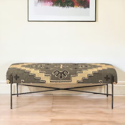 HomeRoots 55" Green Brown and Black Upholstered Abstract Cotton Blend Bench - 55