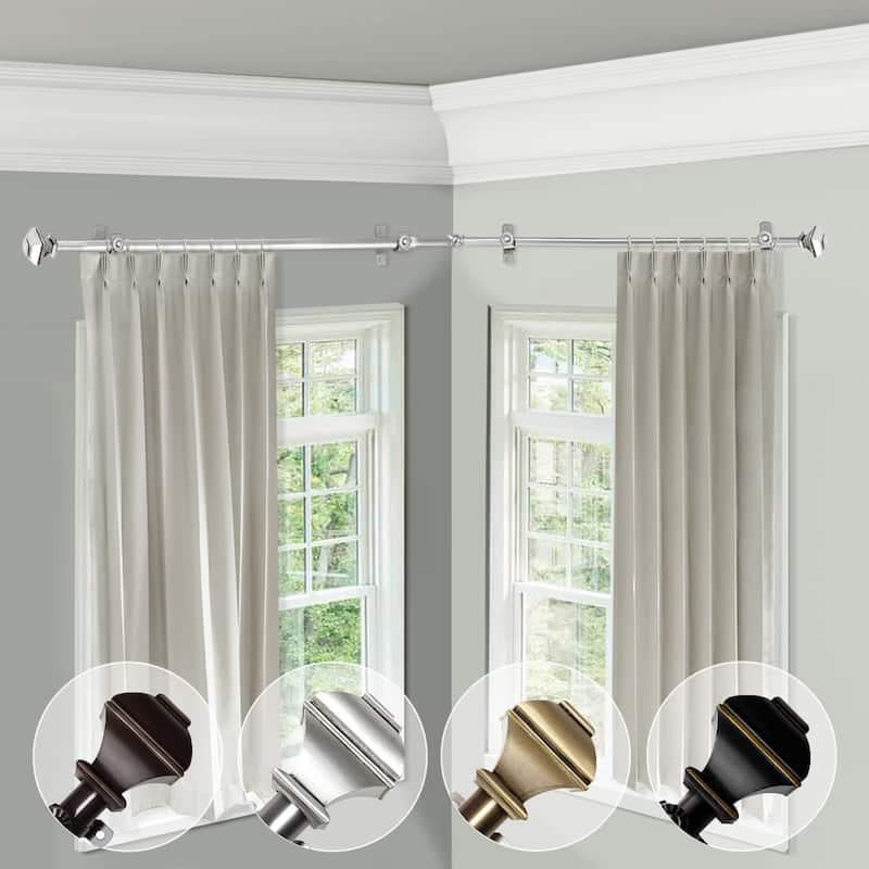 Curtain Rods & Hardware Set - Steel Rods, Resin Finials, Corner Connectors - Satin Nickel Finish - M