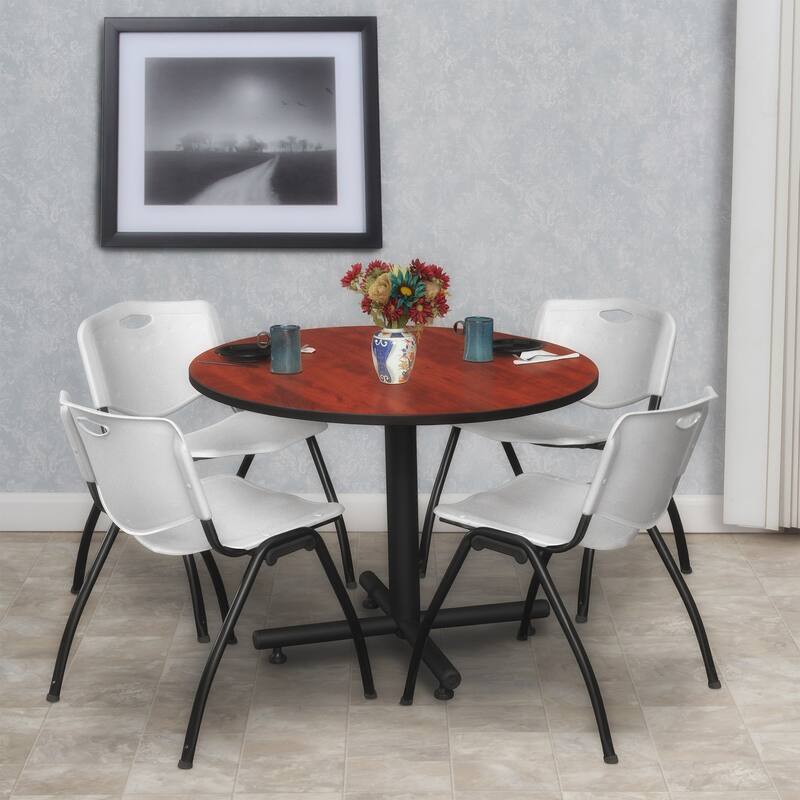 42 in. Round Breakroom Table- Cherry & 4 'M' Stack Chairs- Grey