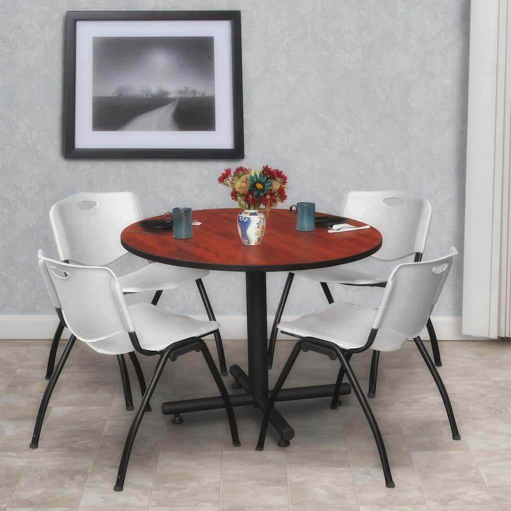 42 in. Round Breakroom Table- Cherry & 4 'M' Stack Chairs- Grey
