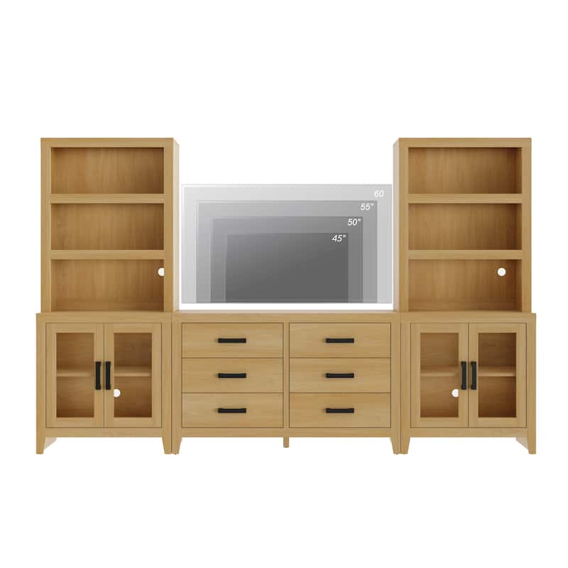 WAMPAT Farmhouse Entertainment Center with Bookshelves, Media Console with Glass Doors & 6 Storage Drawers