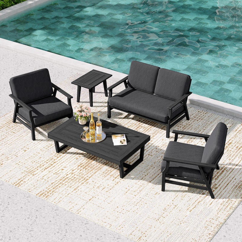 5-Piece Teak Outdoor Conversation Set with Tables. - 4-seat - Dark Grey/Black Wood