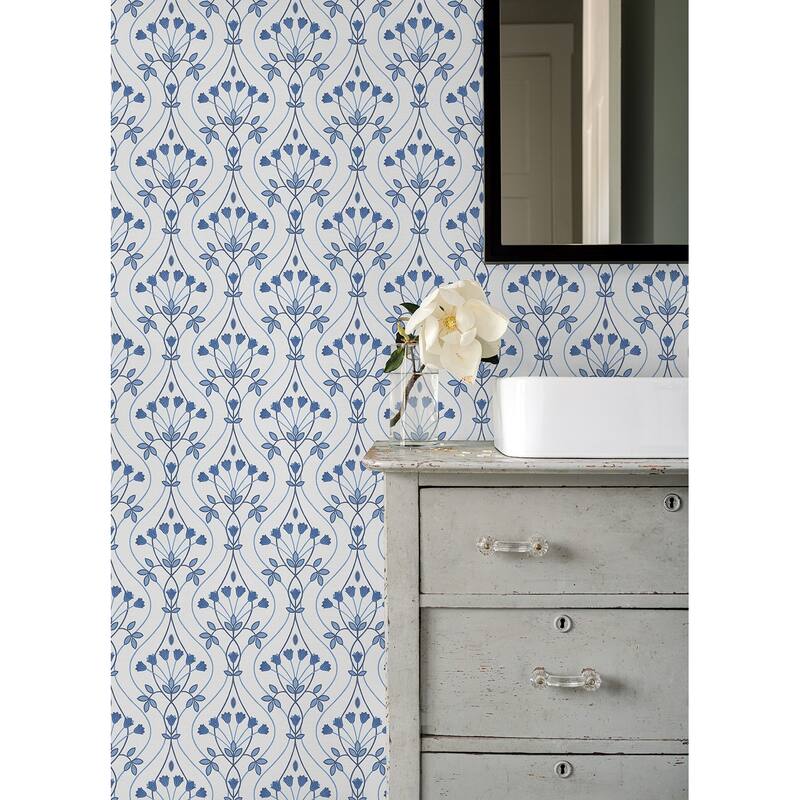 A-Street Prints Dard Blue Tulip Ogee Wallpaper