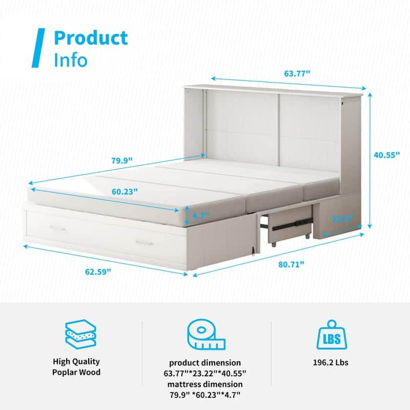Mixoy Queen Murphy Bed Cabinet Bed Chest with Mattress,Drawers,USB Charging Station