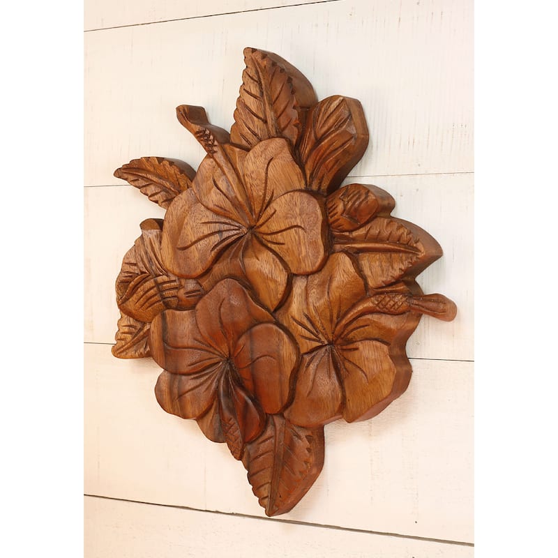 Tropical Hibiscus Wall Art - Hand Carved Wooden Floral Panel, Boho Botanical Decor
