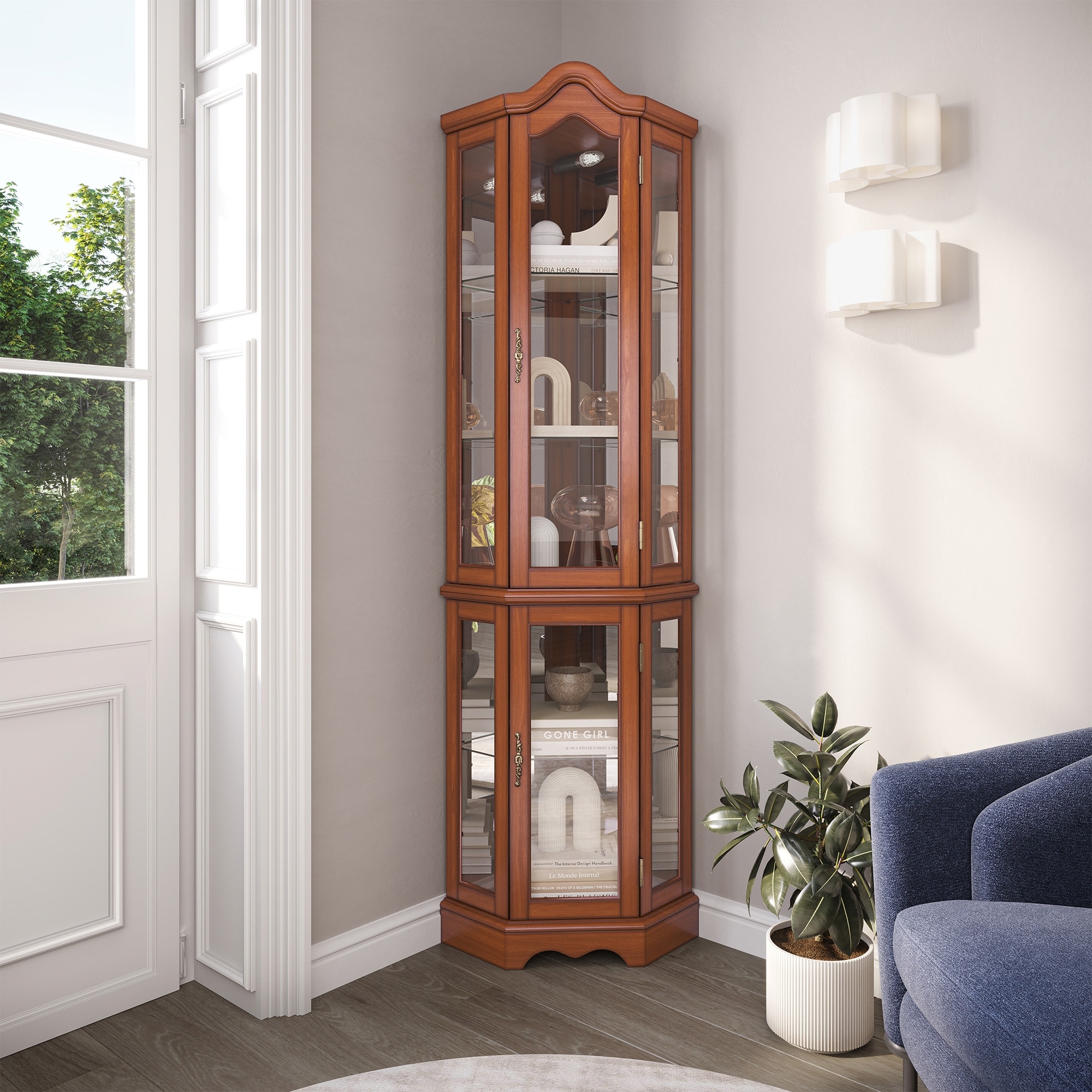 Oak curio cabinet with glass hot sale shelves