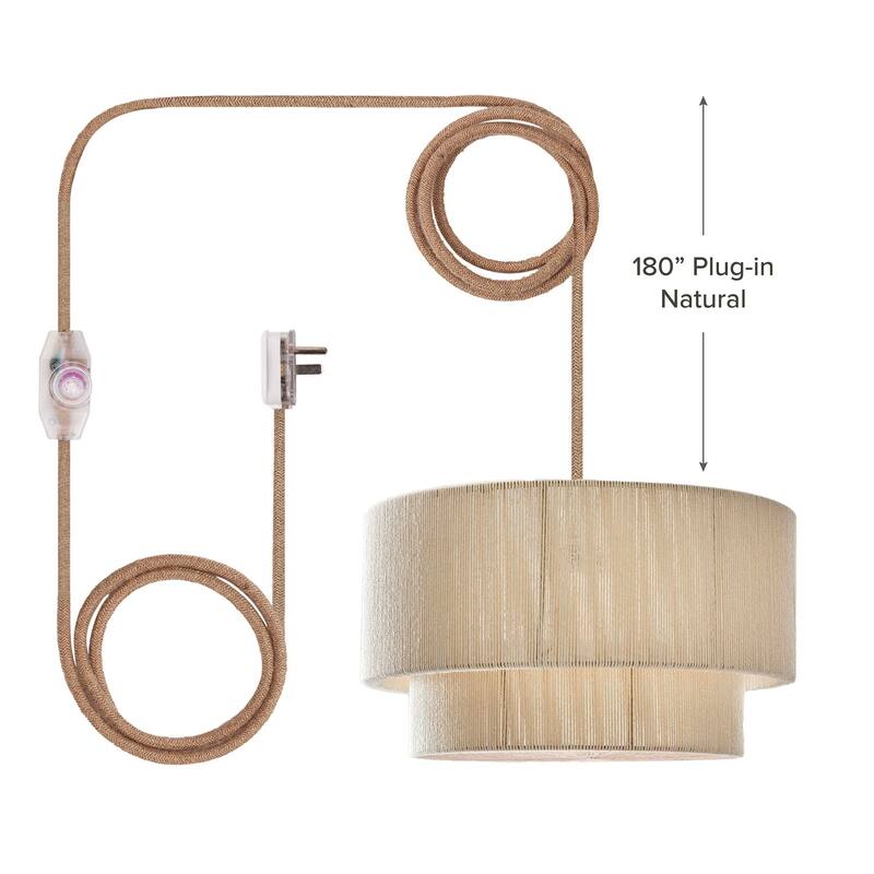 Elaine Rattan Pendant Light - Ivory White Large Drum 1-Light Handwoven Light Fixture For Modern, Boho, Farmhouse Room Decor - 24" - 180" Plug-In Natural