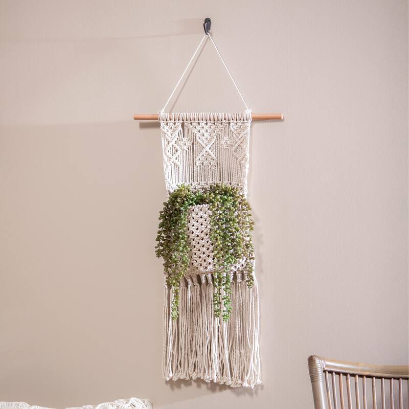 26" Macrame Wall Pocket Plant Cover, Natural