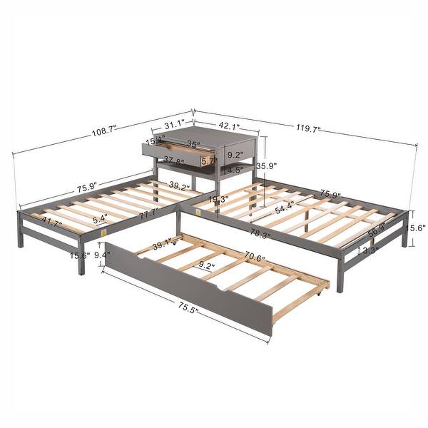 dimension image slide 1 of 3, Full Size L-shaped Platform Beds with Drawers Linked with Built-in Rectangle Table and Twin Size Trundle.