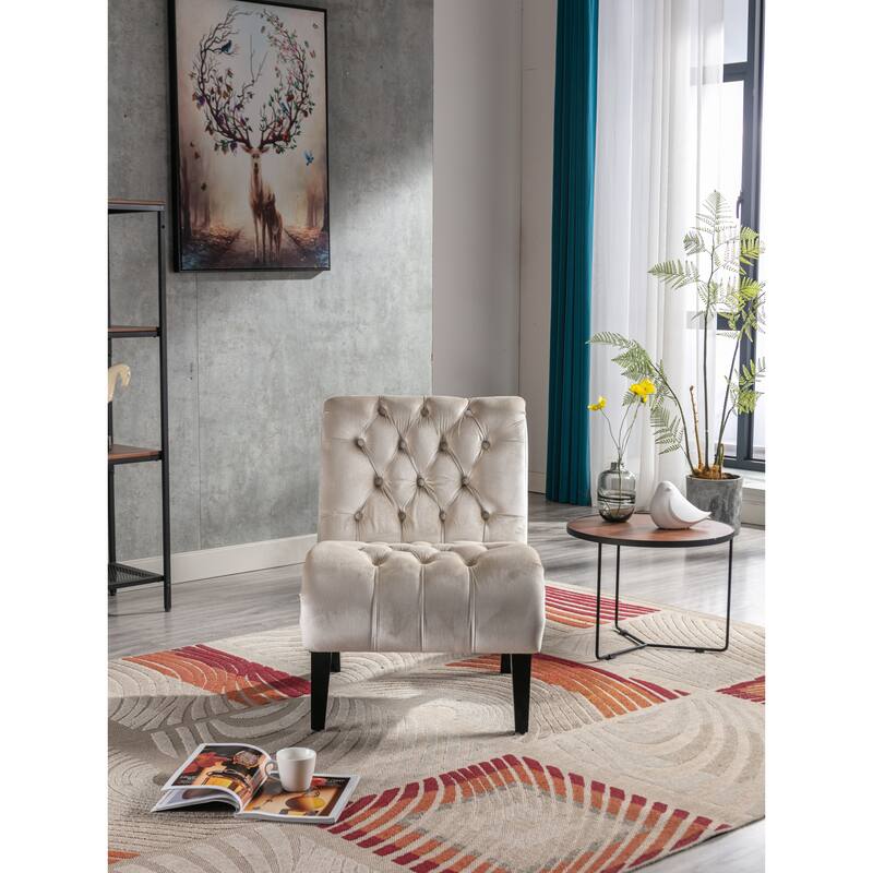 Velvet Upholstered Leisure Chair For Living Room With Wood Legs - Beige