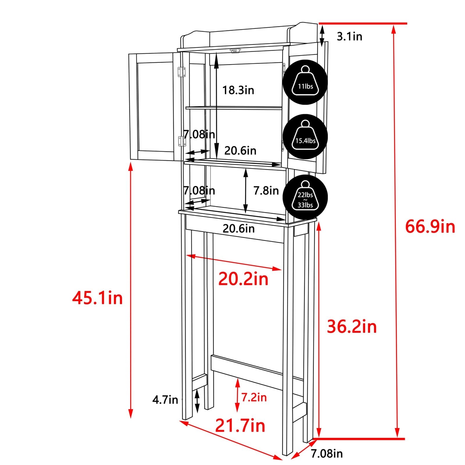 Dimensional diagram of the bathroom storage cabinet organizer.