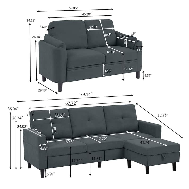 3 Pieces Living Room Set with Storage Ottoman