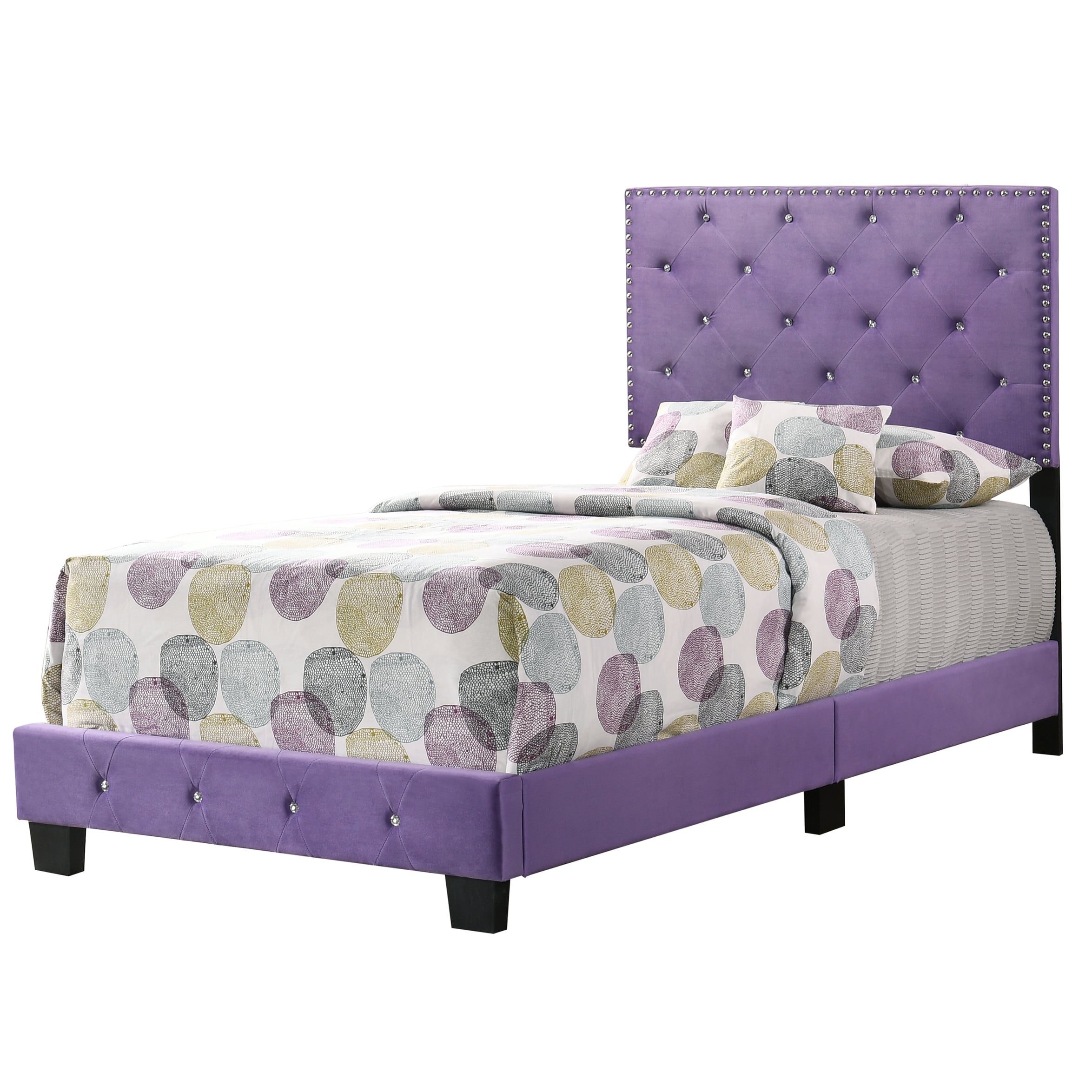 Suffolk Velvet Upholstered Jewel Accent Tufted Nailhead Panel Bed