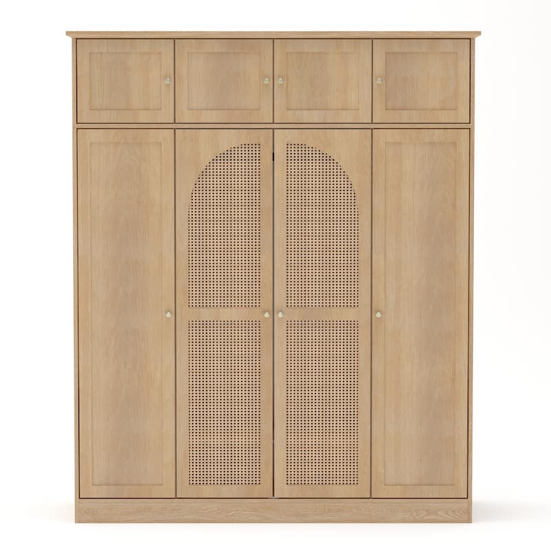 70.87" Large Armoire Wardrobe with 8 Rattan Doors - Adjustable Shelves & Hanging Rod for Bedroom, Walk-In Closet