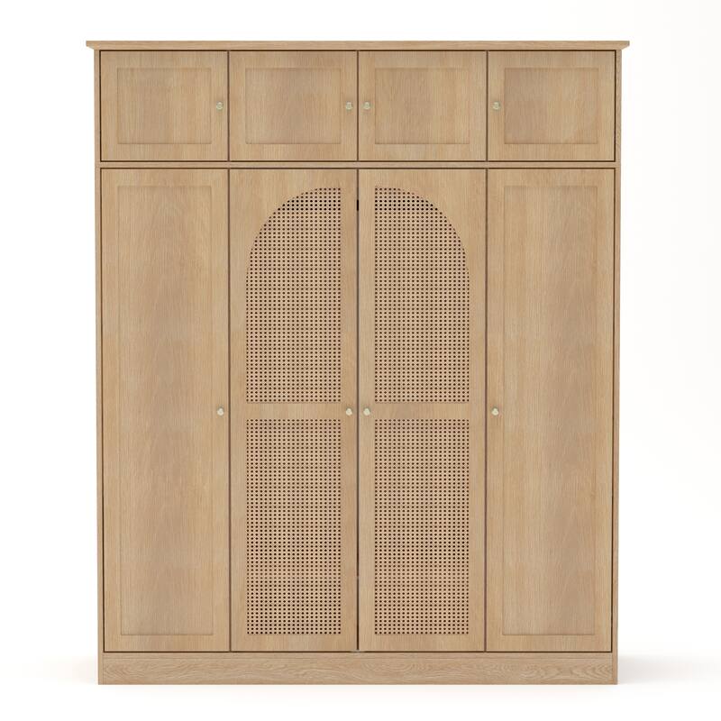 Rattan Decorative Doors Wardrobe Closet with Hanging Rod & Shelves, Large Capacity Armoire Clothing Storage Cabinet