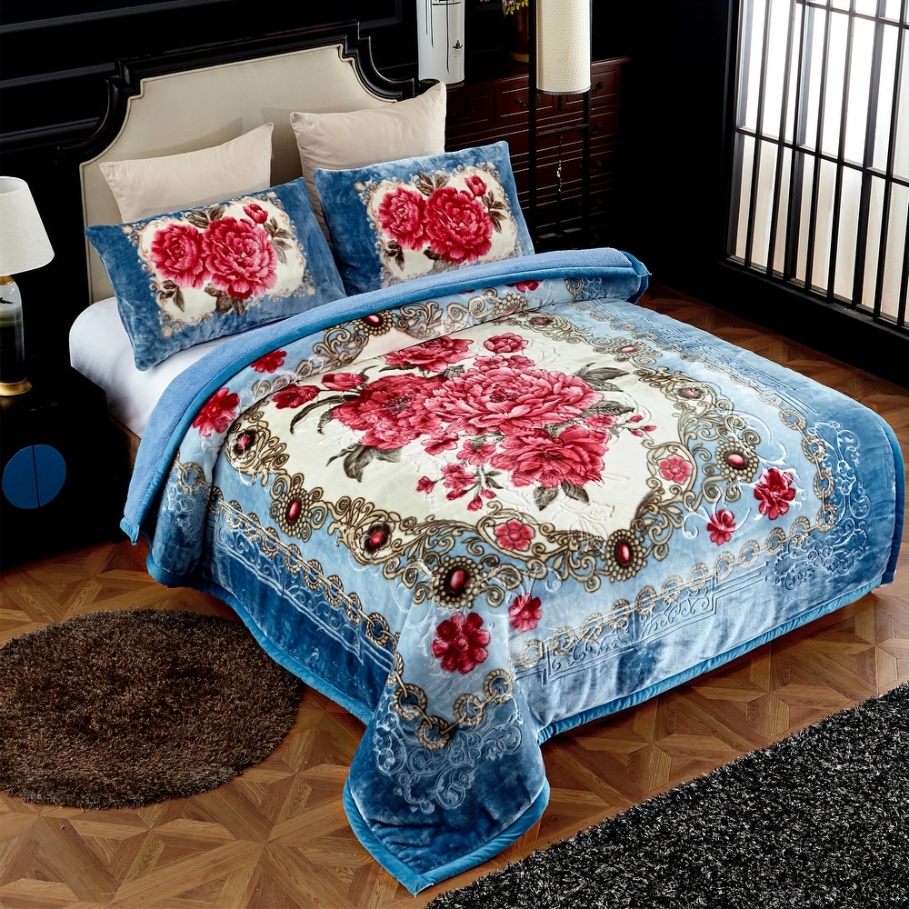 7-Pieces Red Floral Hibiscus Embroidery Beige Comforter Bedding Bed-In-A-Bag Set 