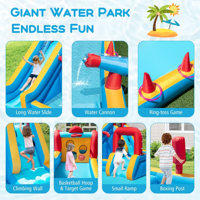 Giant Kids Inflatable Water Park 9-in-1 with Slide Climbing Wall and Ball Games and Water Cannon - 177” x 176” x 81” (L x W x H)