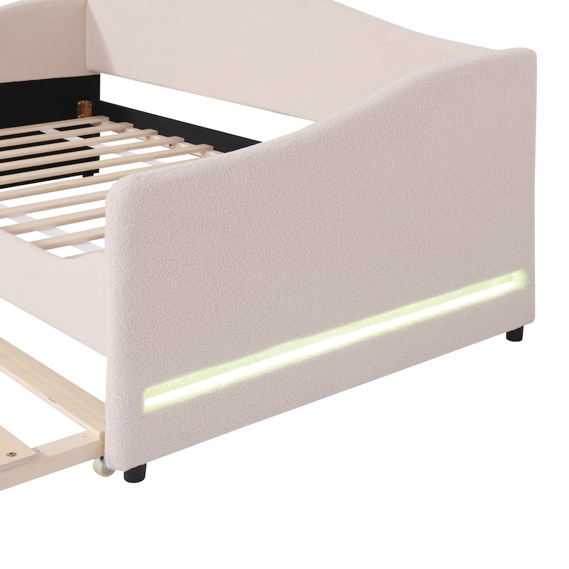 Teddy Fleece Twin Size Upholstered Daybed with Light and Trundle