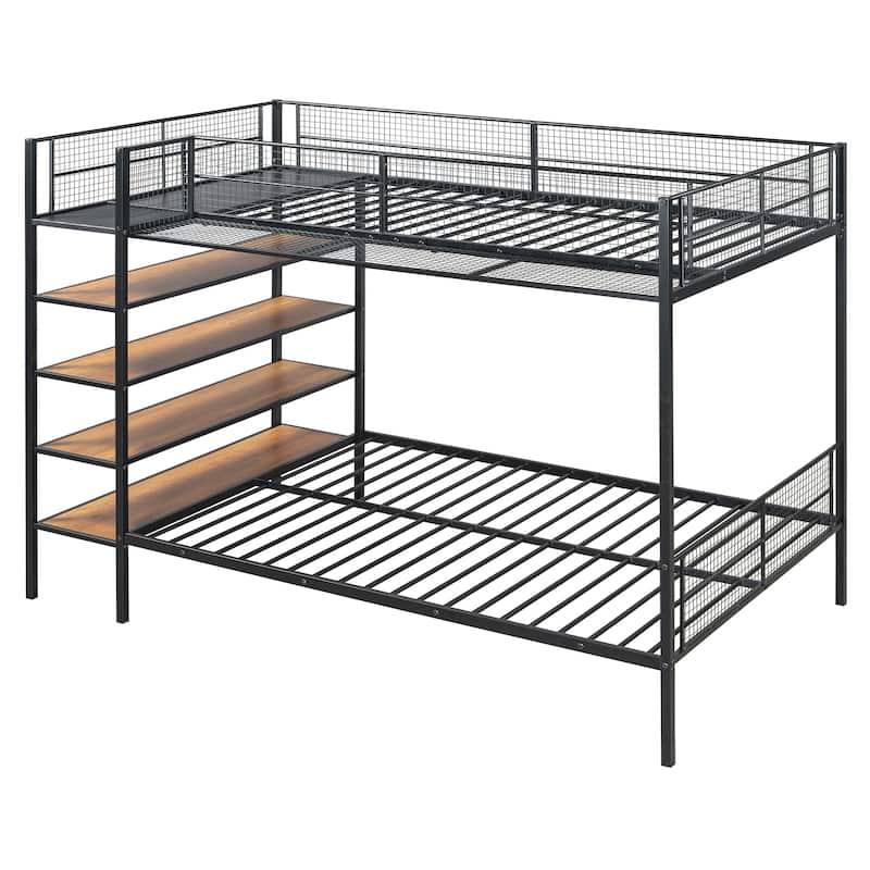 Full Size Over Twin Bunk Bed Metal Storage Bunk Bed with 5-Tier Shelves