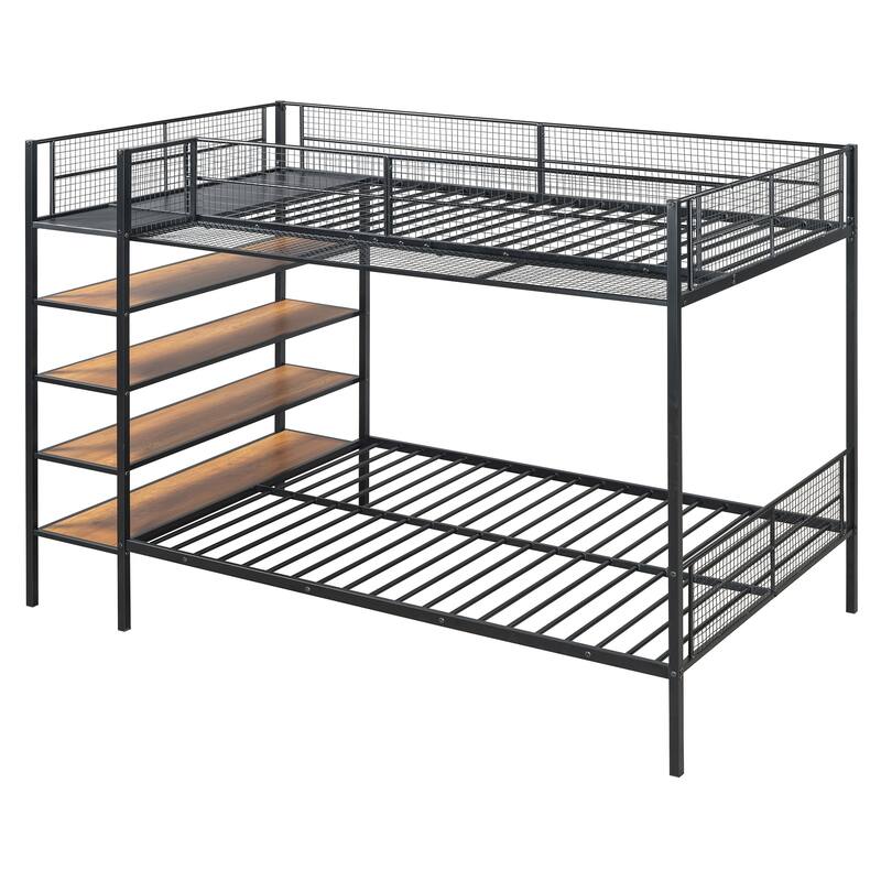 Twin Over Full Metal Bunk Bed with 5-Tier Shelves, Heavy Duty Bunk Bed Frame with Built-In Stairs & Mesh Guardrails