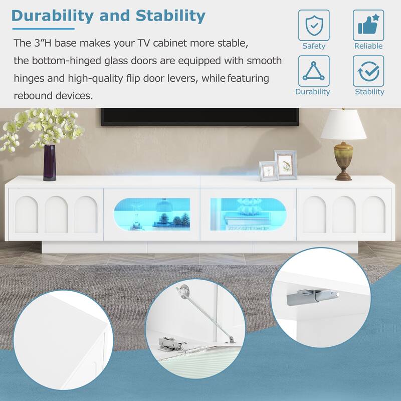 Modern TV Cabinet LED TV Cabinet with Fluted Arched Tempered Glass Doors, 2 Drawers and 2 Cabinets, for Living Room, White