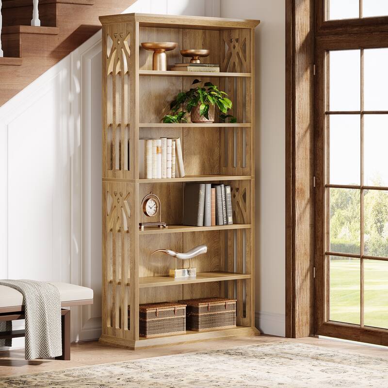 6 Tier Bookshelf, 75 Inch Tall Bookcase, Freestanding Display Shelves - Light Brown